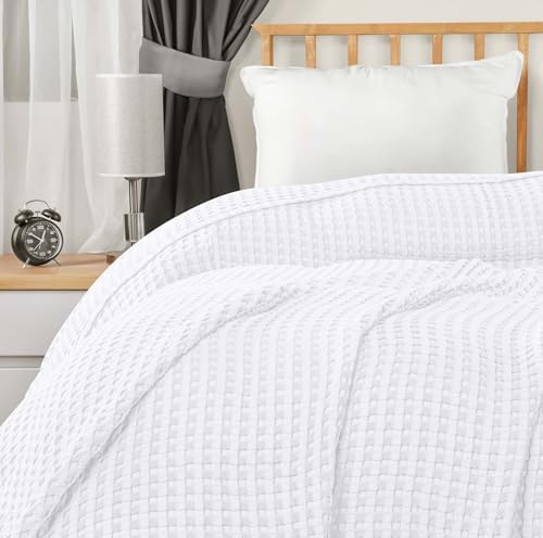 Utopia Bedding White 100Cotton Waffle Blanket 90x90 Queen - Lightweight Breathable Soft Machine Washable