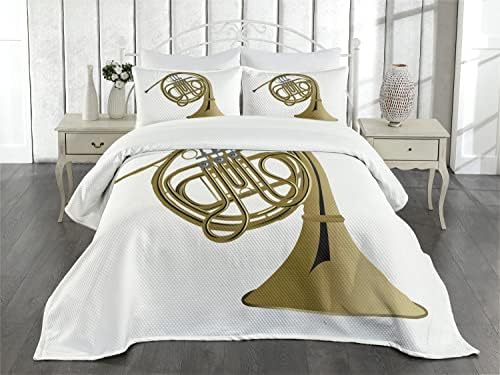 Lunarable French Horn Bedspread - Jazz Style King Size White Khaki