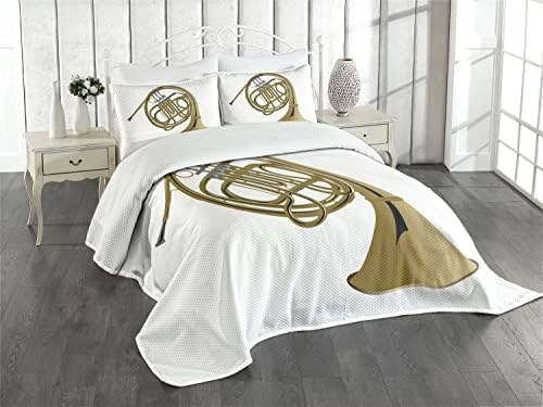 Lunarable French Horn Bedspread - Jazz Style King Size White Khaki