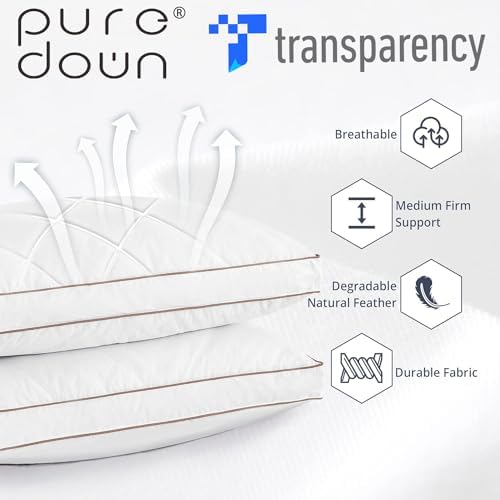 PureDown Goose Down Bed Pillow - Luxury Queen Set of 2