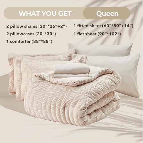 Luxury Queen Bedding Set - Beige Seersucker Comforter More