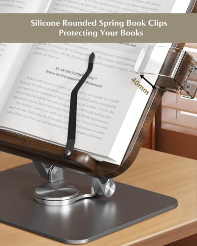 Adjustable 360-Degree Hands-Free Foldable Book Stand with Expandable Page Clips