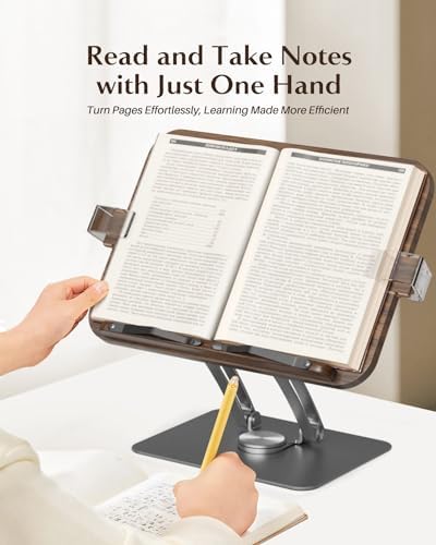 Adjustable 360-Degree Hands-Free Foldable Book Stand with Expandable Page Clips