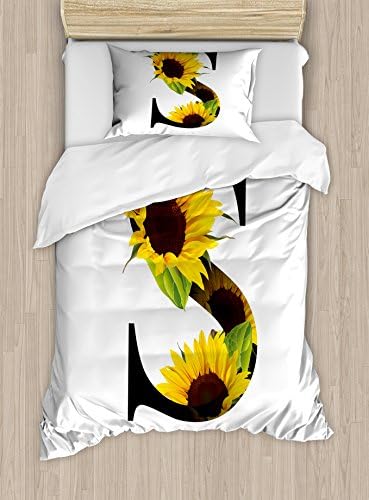 Ambesonne Duvet Cover Pillow Sham Set S Twin Sunflowers on Dark Fabric