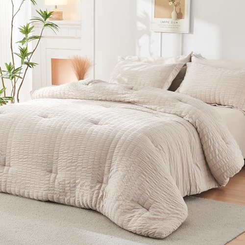 Luxury Queen Bedding Set - Beige Seersucker Comforter More