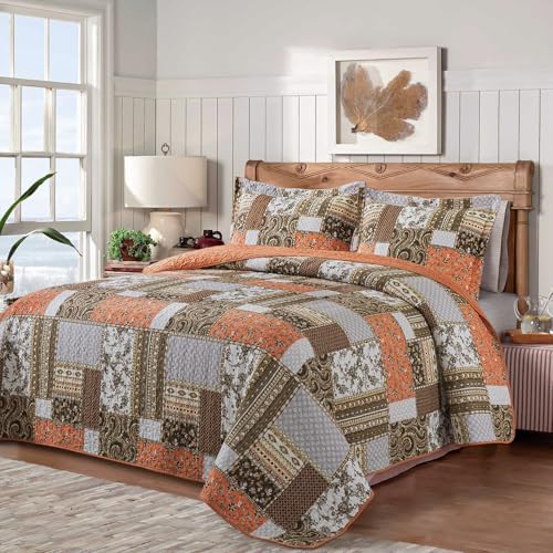 Retro Farmhouse Quilt - Floral Orange California King Bedspread Set