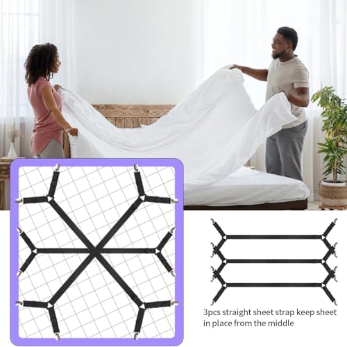 Luyena Bed Sheet Straps 3 PCS Black Adjustable Cross