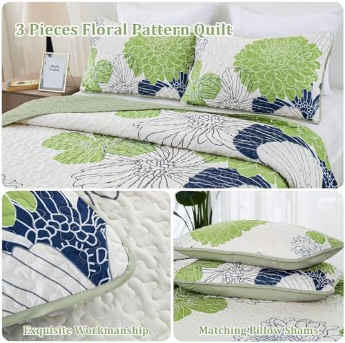 Light Green Floral Quilt King Size