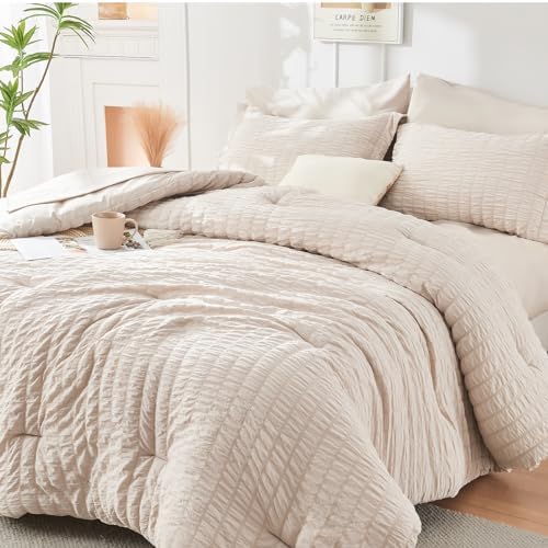 Luxury Queen Bedding Set - Beige Seersucker Comforter More