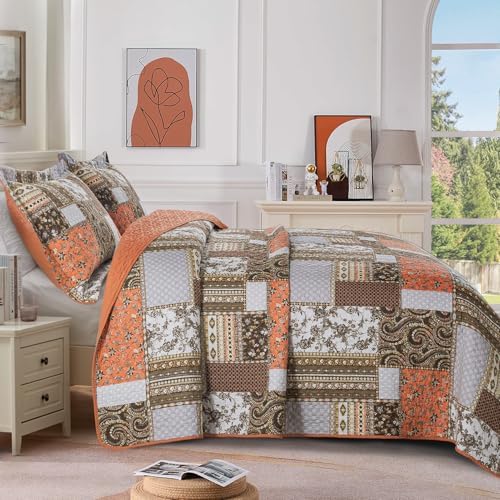 Retro Farmhouse Quilt - Floral Orange California King Bedspread Set