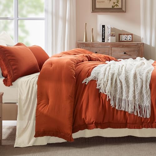 Andency Boho Tassel Comforter Set King Size Burnt Orange