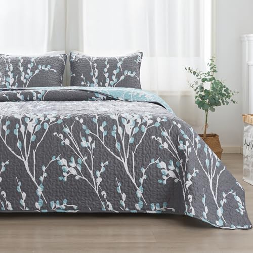 Perfect California King Quilt Set Grey Blue