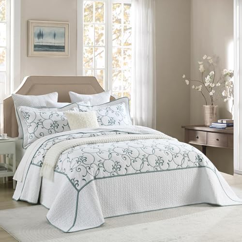 FineStichery Oversized King Bedspread 128x120 with BlueWhite embroidery