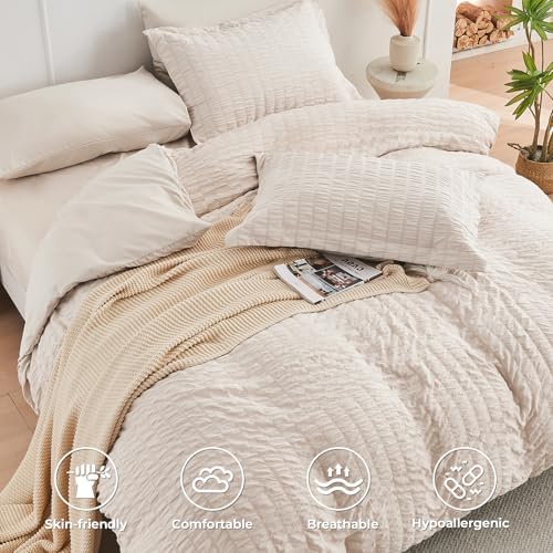 Luxury Queen Bedding Set - Beige Seersucker Comforter More