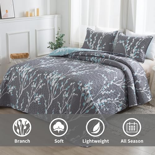 Perfect California King Quilt Set Grey Blue
