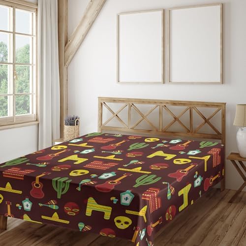 Sleek Cozy Mexican Flat Sheet with Traditional Cultural Patterns 108x102 inches Machine Washable