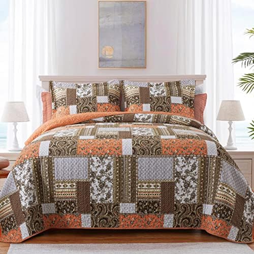 Retro Farmhouse Quilt - Floral Orange California King Bedspread Set