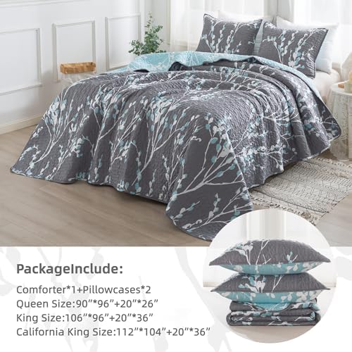 Perfect California King Quilt Set Grey Blue