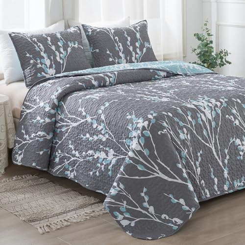 Perfect California King Quilt Set Grey Blue