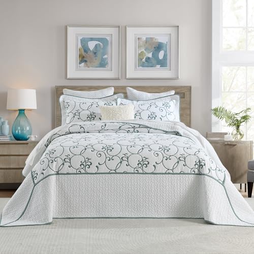 FineStichery Oversized King Bedspread 128x120 with BlueWhite embroidery