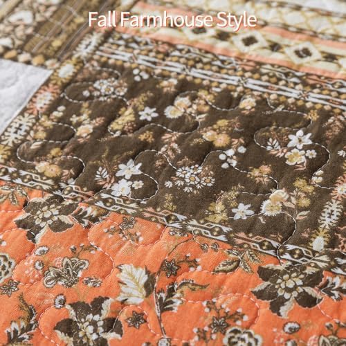 Retro Farmhouse Quilt - Floral Orange California King Bedspread Set