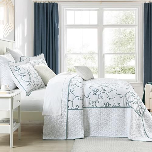 FineStichery Oversized King Bedspread 128x120 with BlueWhite embroidery