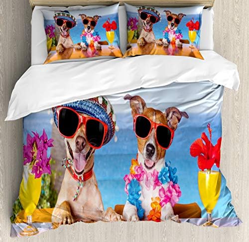 Ambesonne Funny Duvet Cover Set Occasional Pillow Shams tropical Dog Friends at Bar