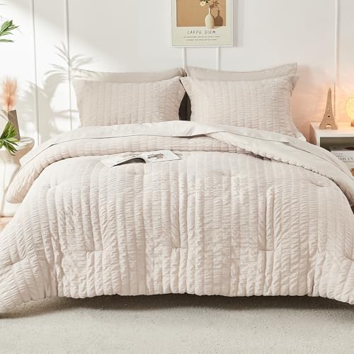 Luxury Queen Bedding Set - Beige Seersucker Comforter More