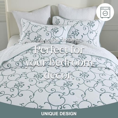 FineStichery Oversized King Bedspread 128x120 with BlueWhite embroidery