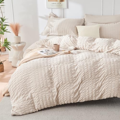 Luxury Queen Bedding Set - Beige Seersucker Comforter More