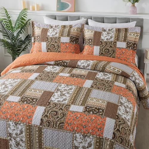 Retro Farmhouse Quilt - Floral Orange California King Bedspread Set